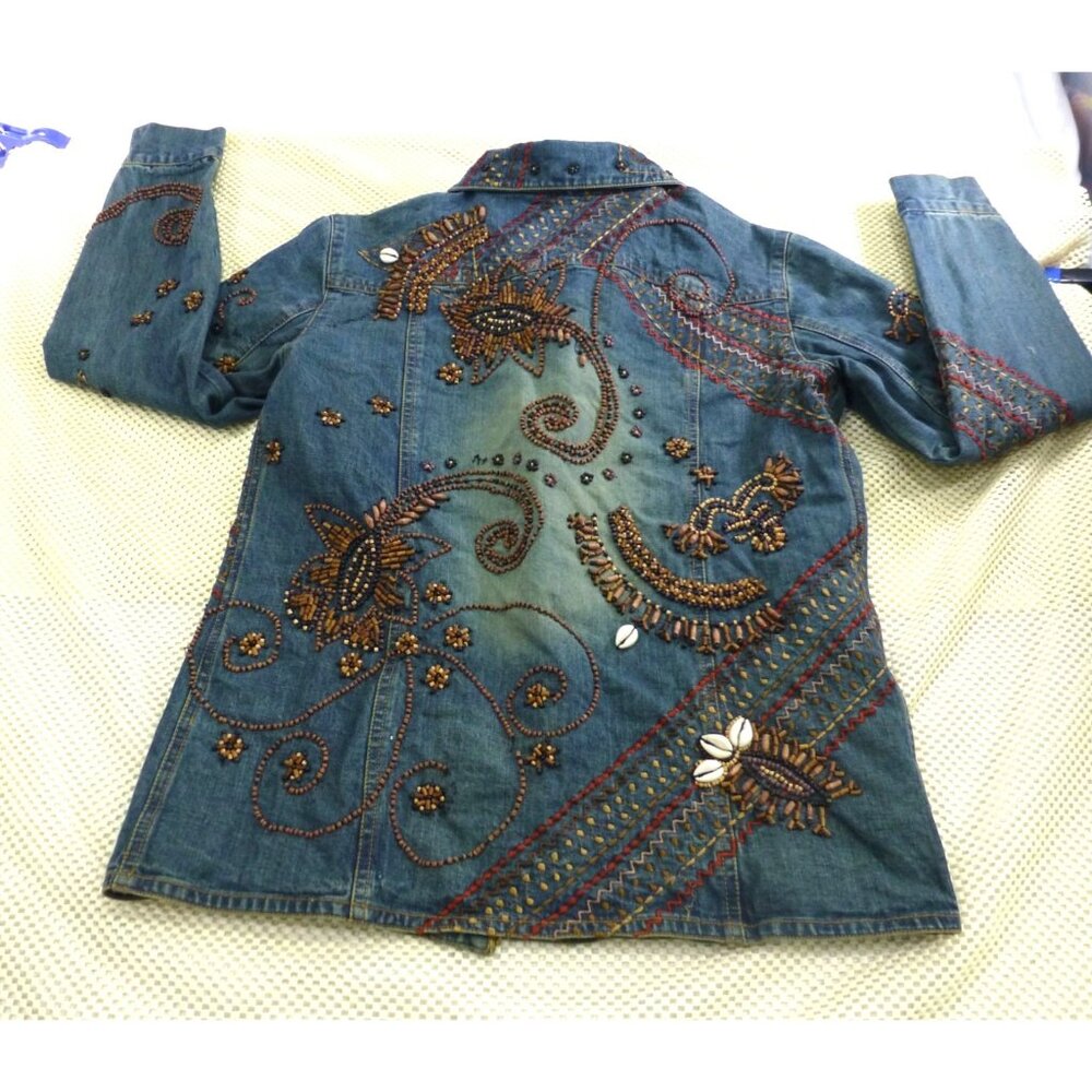 Chicos Design Embellished Denim Jacket Beaded Floral Embroidery Button Front Wom - Picture 2 of 15